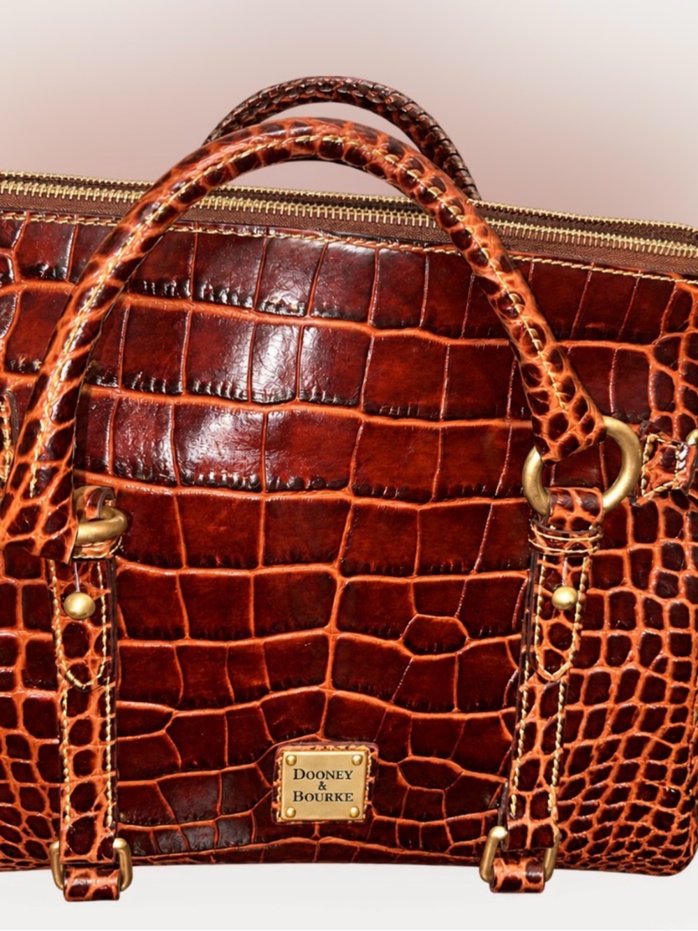 Dooney & Bourke Rich Brown Croc-Embossed Satchel with Gold Hardware